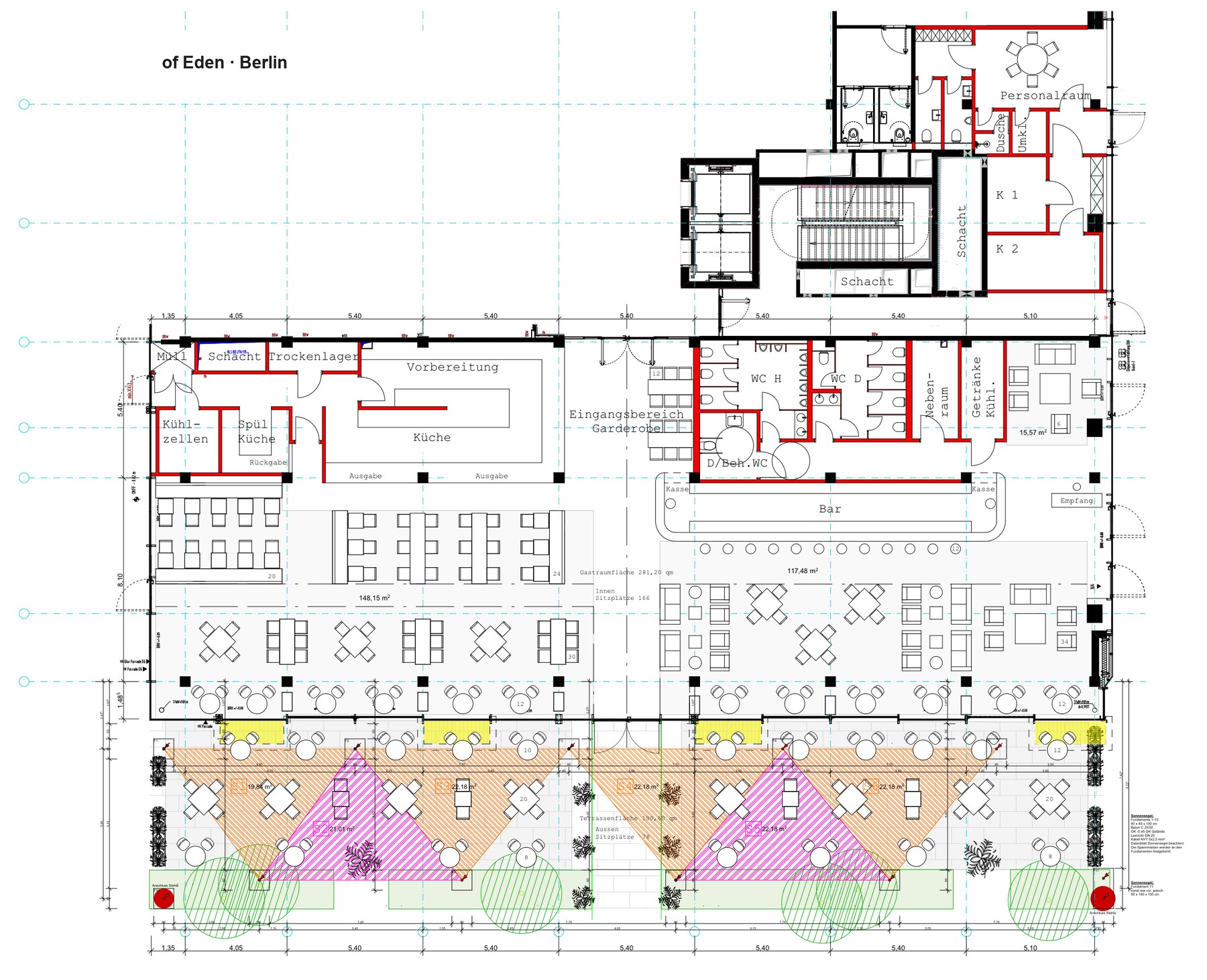 Sonnensegel-Plan des Of Eden: Lage der Segel, Spannmasten und Fundamente auf der Terrasse